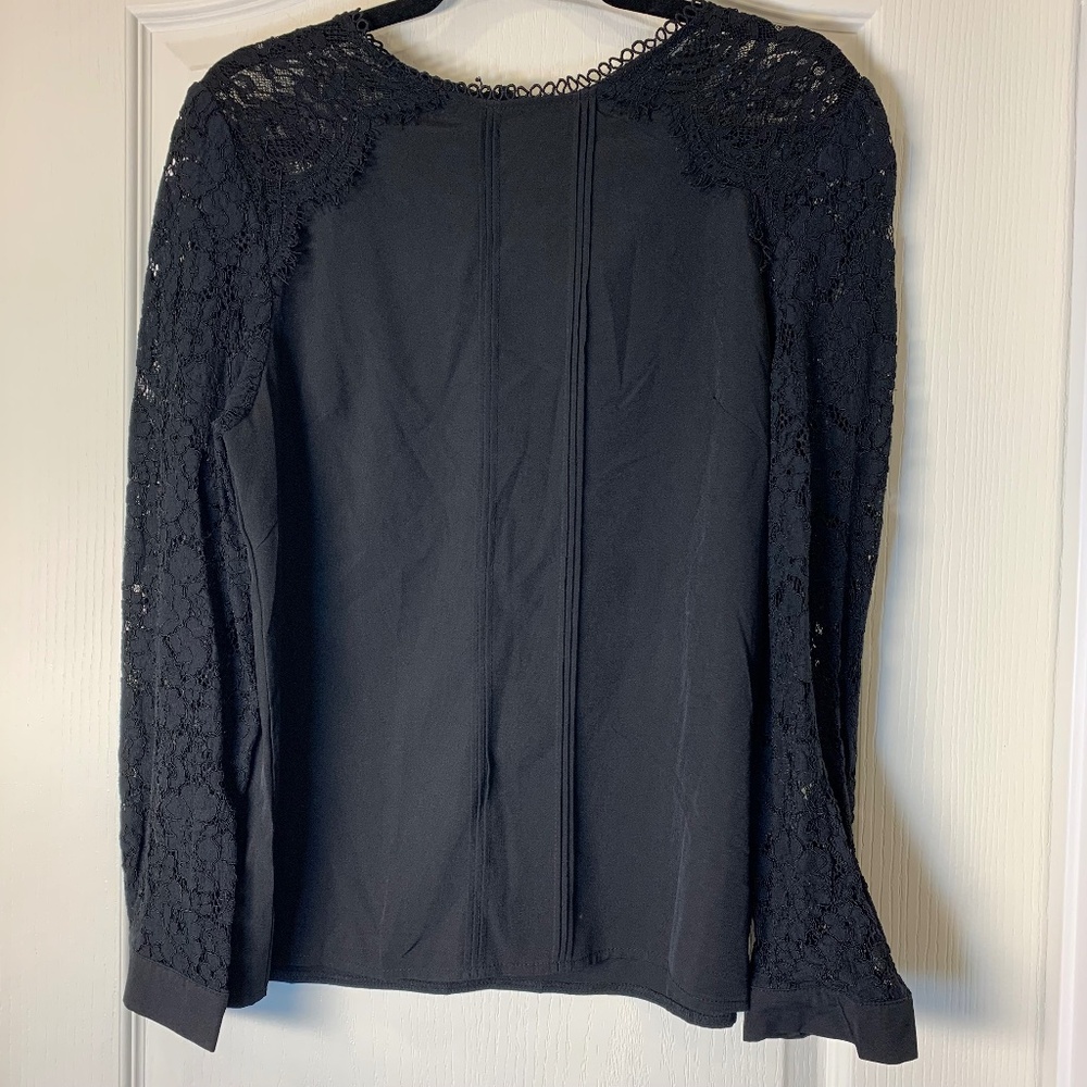 Black Lace Sleeve Romantic Blouse Tie Neck Sheer Sleeve Top L Goth Feminine